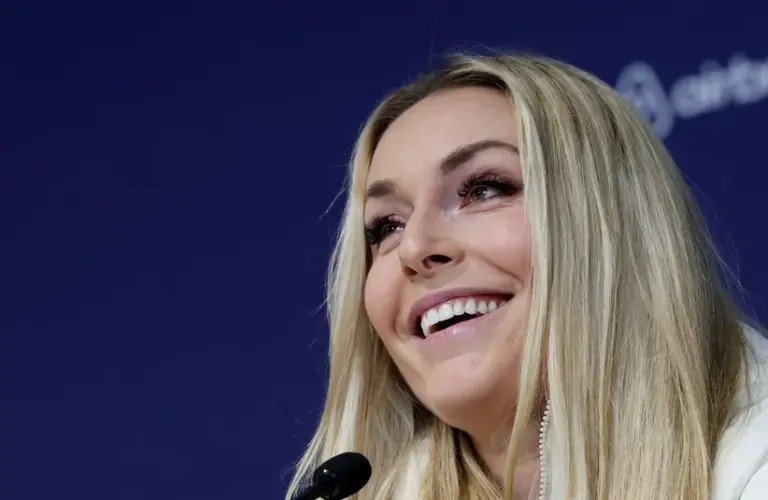 Lindsey Vonn attends a press conference at a press conference at the Cortina Curling Olympic Stadium in preparation for the Milano Cortina 2026 Olympic Winter Games