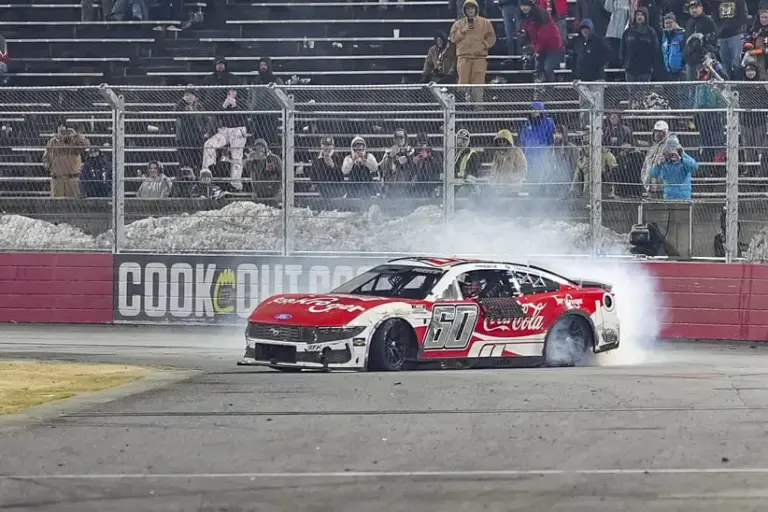 Wilkinson; Feb 4, 2026; WInston-Salem, North Carolina, USA; NASCAR Cup Series driver Ryan Preece (60) starts his celebratory burn out after winning the Cook Out Clash at Bowman Gray Stadium.