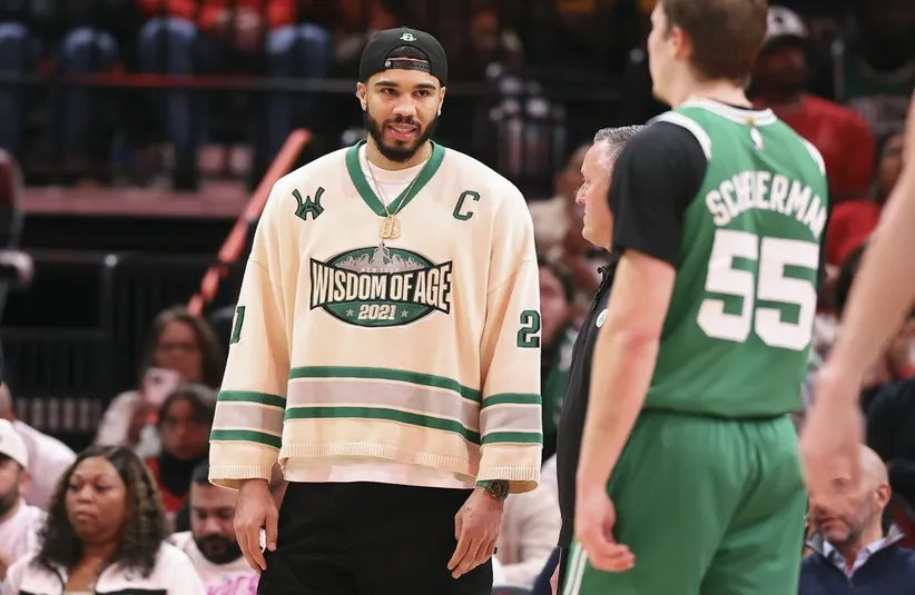 Boston Celtics forward Jayson Tatum stands on the court during the game against the Houston Rockets at Toyota Center