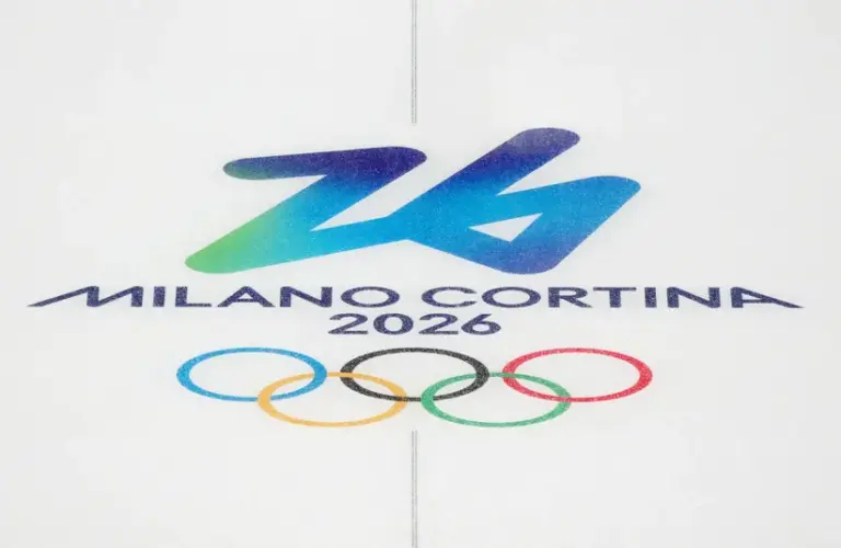 A general view of an Olympics logo during curling mixed doubles round robin competition during the Milano Cortina 2026 Olympic Winter Games at Cortina Curling Olympic Stadium.