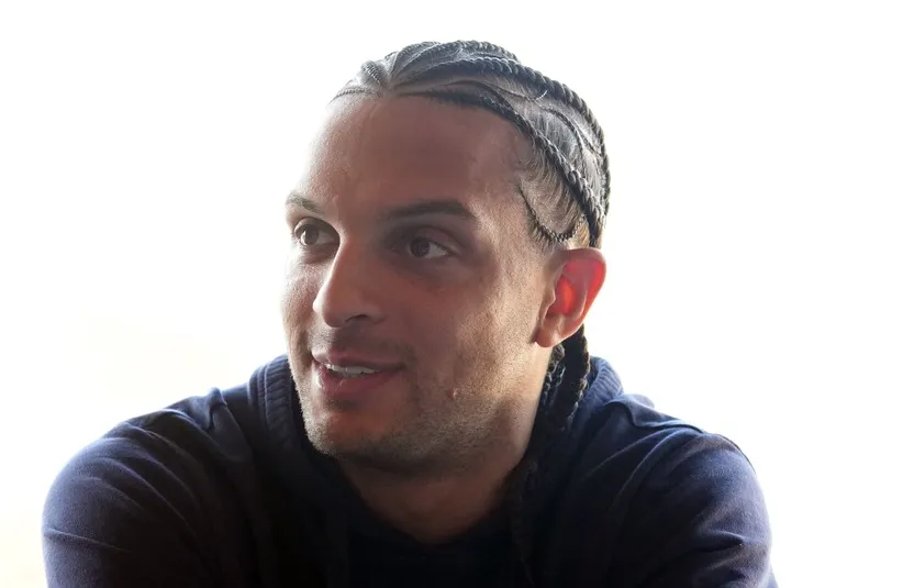 New England Patriots wide receiver Mack Hollins (13) talks to media members at the Santa Clara Marriott