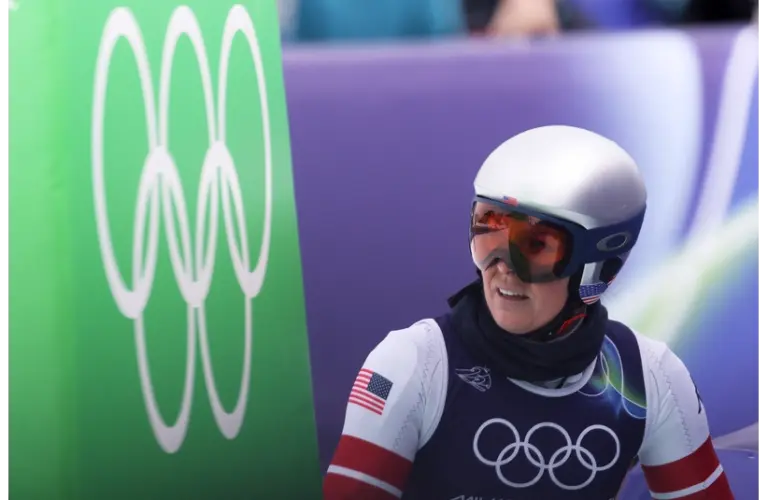 Lindsey Vonn of the United States in the finish area during women's downhill training.