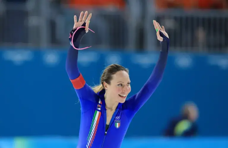 Francesca Lollobrigida of Italy reacts after racing in the women's speed skating 3000m during the Milano Cortina 2026 Olympic Winter Games at Milano Speed Skating Stadium.