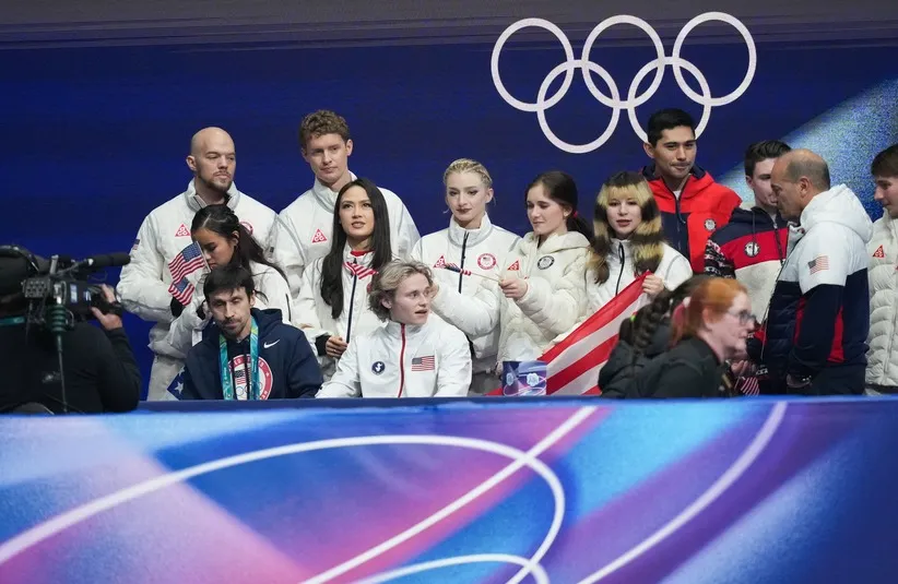 Ilia Malinin of the United States of America reacts after performing in the men’s free skating during the Milano Cortina 2026 Olympic Winter Games at Milano Ice Skating Arena.