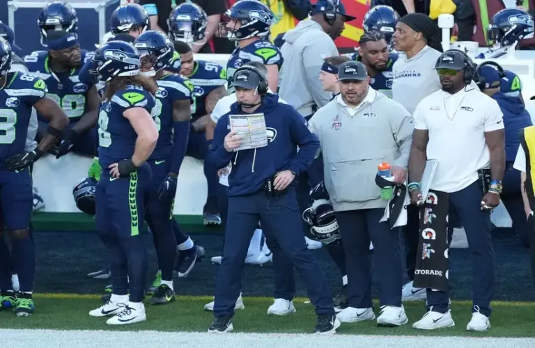 Seattle Seahawks offensive coordinator Klint Kubiak on the sideline against the New England Patriots in the first half in Super Bowl LX at Levi's Stadium.