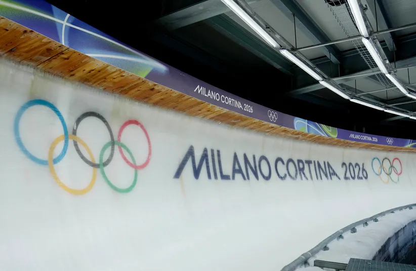 General view of the logo on the track before the doubles luge competition during the Milano Cortina 2026 Olympic Winter Games at Cortina Sliding Centre.