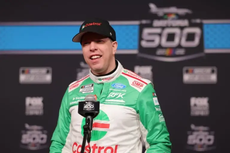 Feb 11, 2026; Daytona Beach, Florida, USA; NASCAR Cup Series driver Brad Keselowski (6) speaks to the media during the Daytona 500 Media Day at Daytona International Speedway.