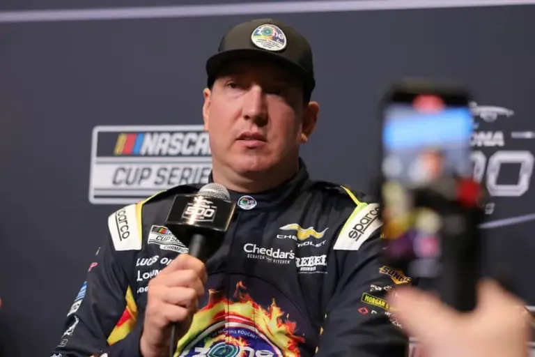 Feb 11, 2026; Daytona Beach, Florida, USA; NASCAR Cup Series driver Kyle Busch (8) speaks to the media during the Daytona 500 Media Day at Daytona International Speedway