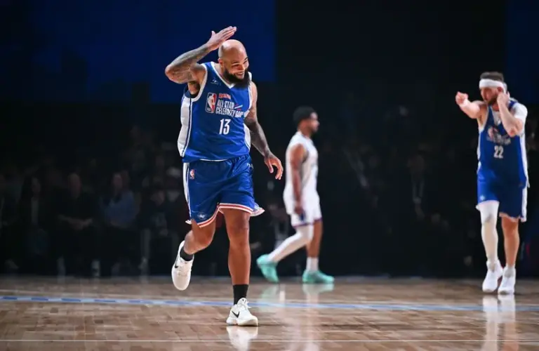 Keenan Allen of Team 2 celebrates after scoring during the NBA All Star Celebrity Game