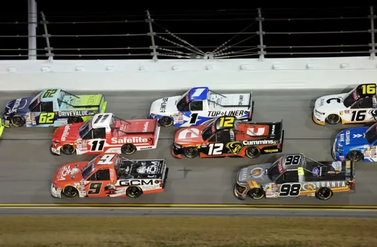 Entry List; Feb 13, 2026; Daytona Beach, Florida, USA; NASCAR Truck Series driver John H. Nemecheck (62) races Kaden Honeycutt (11), Grant Enfinger (9), Taylor Gray (1), Ryan Blaney (12) and Jake Garcia (98) during the Craftsman Truck series Fresh From Florida 250 at Daytona International Speedway.