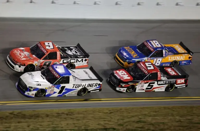 Starting Lineup; Feb 13, 2026; Daytona Beach, Florida, USA; NASCAR Truck Series driver Taylor Gray (1) races Grant Enfinger (9), Nick Leitz (5) and Tyler Ankrum (18) during the Craftsman Truck series Fresh From Florida 250 at Daytona International Speedway.