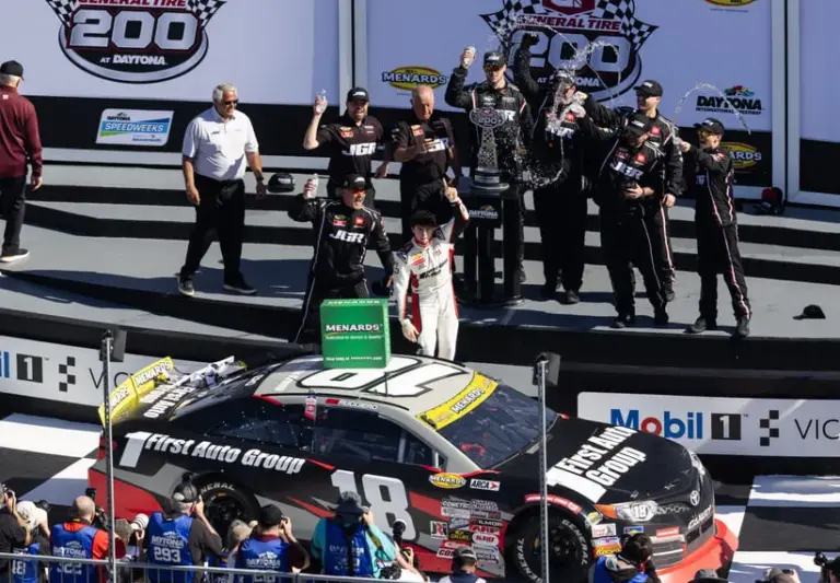 Feb 14, 2026; Daytona Beach, Florida, USA; ARCA Series driver Giovanni Ruggiero celebrates after winning the General Tire 200 at Daytona International Speedway.