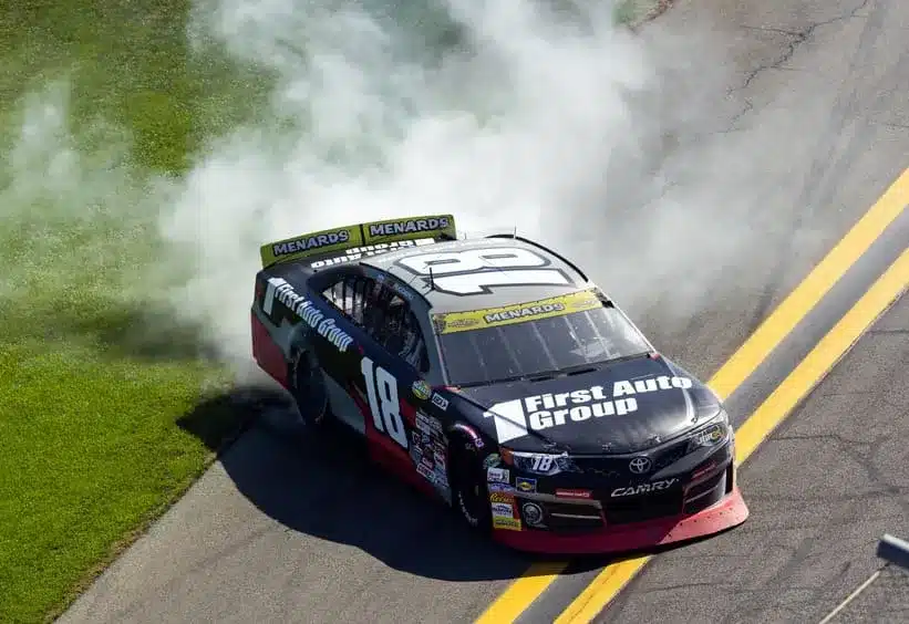 Feb 14, 2026; Daytona Beach, Florida, USA; ARCA Series driver Giovanni Ruggiero celebrates after winning the General Tire 200 at Daytona International Speedway. 