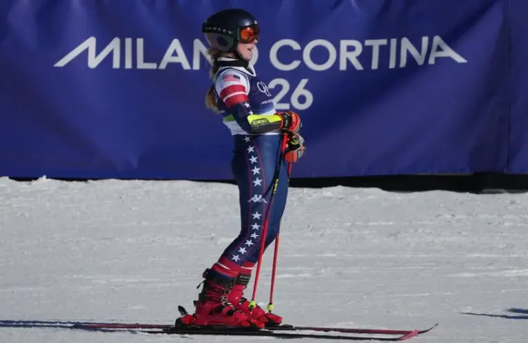 Mikaela Shiffrin of the United States reacts after the second run of the women's alpine skiing giant slalom