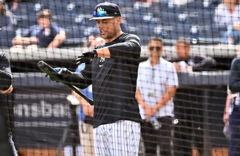 New York Yankees outfielder Giancarlo Stanton (27) prepares for batting practice