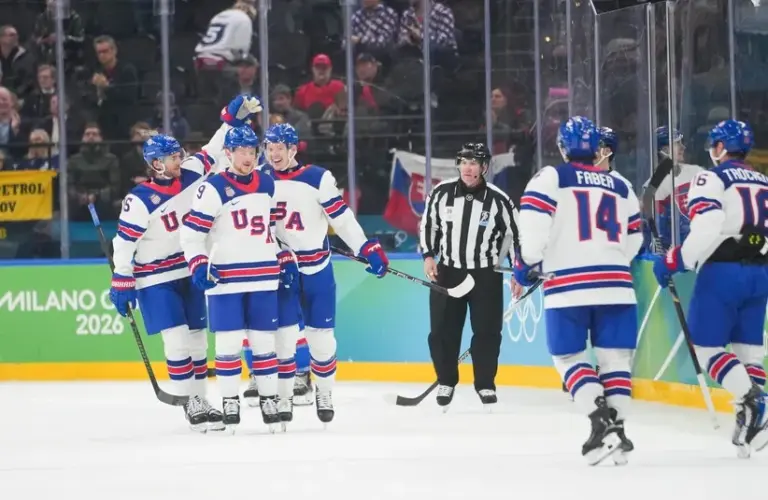 Brady Tkachuk (7) of the United States celebrates after scoring a goal during the third period against Slovakia in a men's ice hockey semifinal.