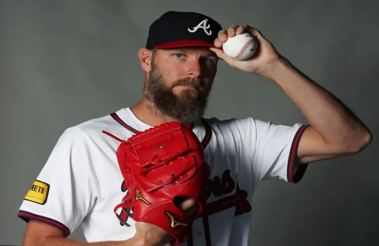Atlanta Braves pitcher Chris Sale (51) poses for a photo during media day