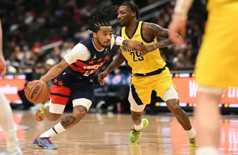 Washington Wizards guard Sharife Cooper (13) drives against Indiana Pacers guard Quenton Jackson (29) during the second quarter.