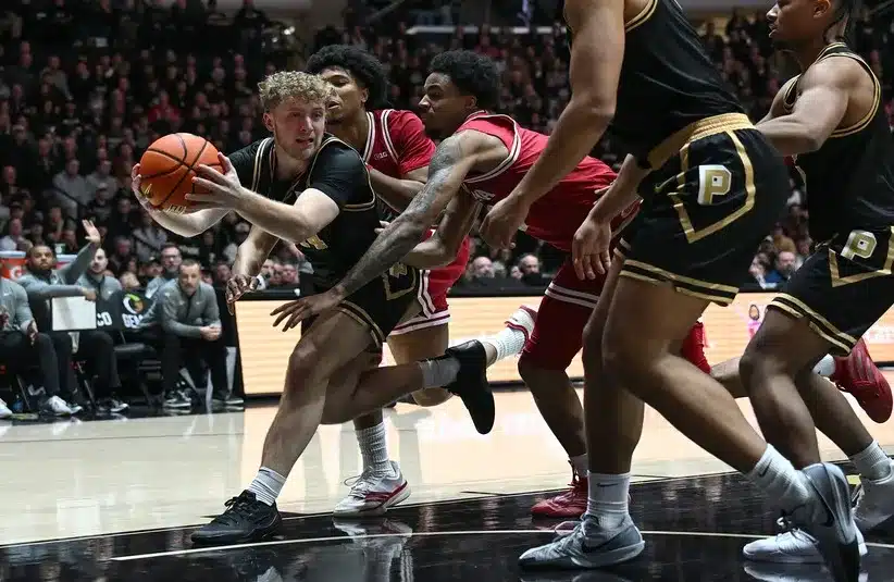 USA; Purdue Boilermakers guard Jack Benter (14) grabs a loose ball