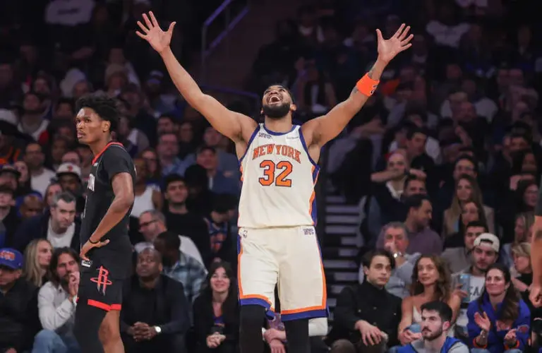 New York Knicks center Karl-Anthony Towns (32) reacts after getting fouled in the second quarter