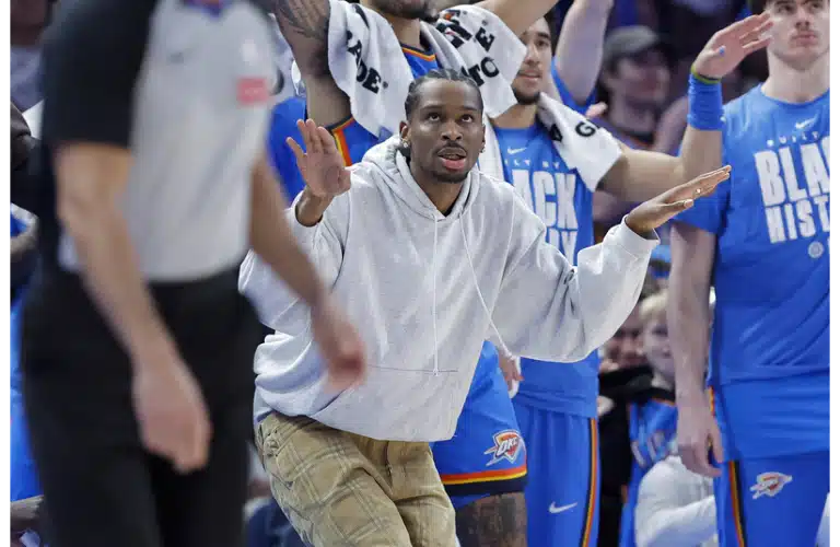 Oklahoma City Thunder guard Shai Gilgeous-Alexander celebrates after his team scores
