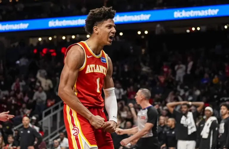 Atlanta Hawks forward Jalen Johnson (1) reacts after a basket