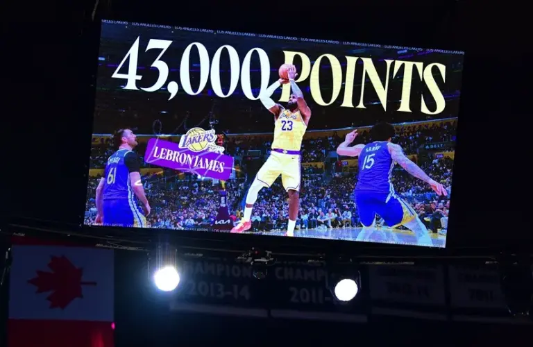 Video board displaying milestone of Los Angeles Lakers forward LeBron James (23) scoring 43,000 career points