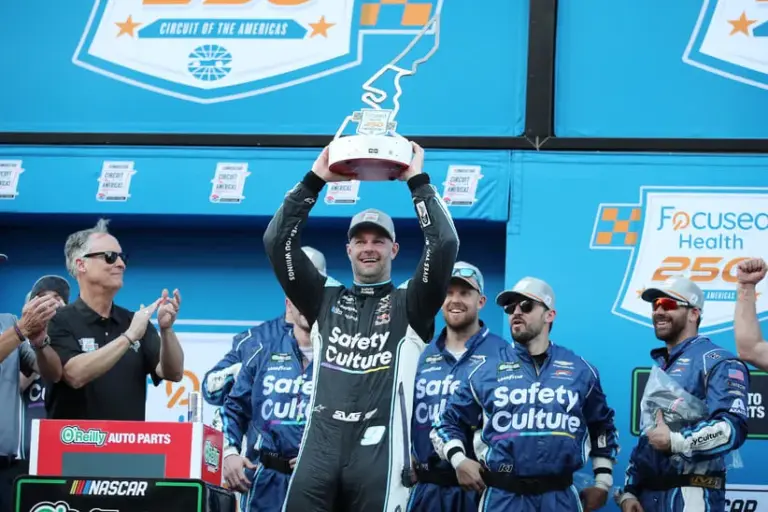 Feb 28, 2026; Austin, Texas, USA; O’Reilly NASCAR O’Reilly Auto Parts Series driver Shane Van Gisbergen (9) with the trophy after winning the NASCAR O’Reilly Auto Parts Series Focused Health 250 at Circuit of the Americas.