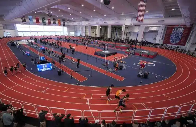 Catholic University; The field takes off in the boys 1600 meter run during the DIAA state high school indoor track championships at the Ott Center at the University of Pennsylvania, Feb. 21, 2026. Catholic University did not run in this meet.