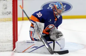 Mar 22, 2026; Elmont, New York, USA; New York Islanders goaltender Ilya Sorokin (30) makes a save against the Columbus Blue Jackets during the third period at UBS Arena.