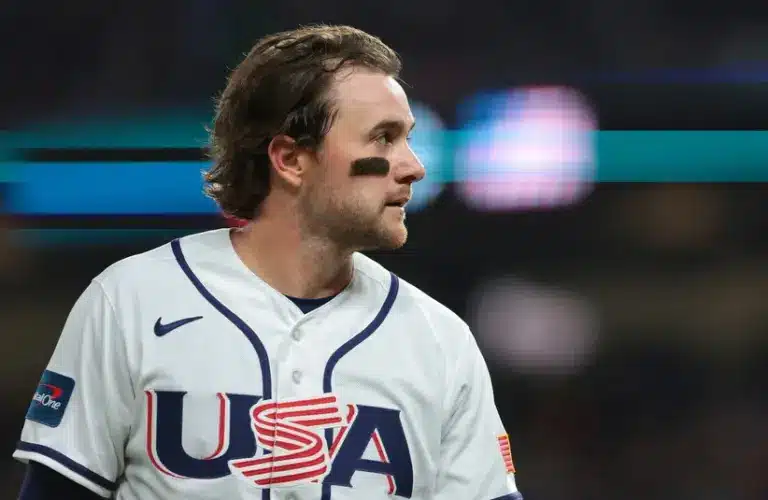 Mar 17, 2026; Miami, FL, United States; United States second baseman Brice Turang (13) in the third inning against Venezuela during the 2026 World Baseball Classic Championship game at Loan Depot Park.