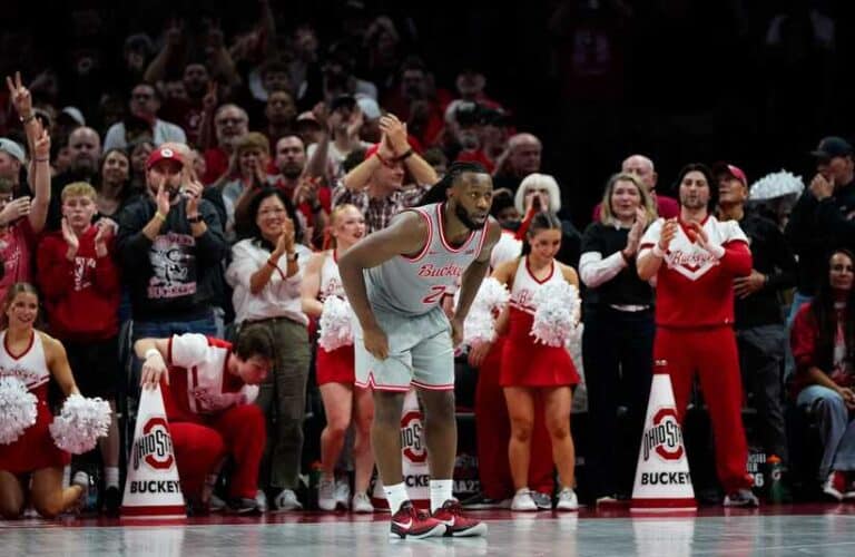 Ohio State Buckeyes guard Bruce Thornton (2) reacts after becoming Ohio State men's basketball's all-time leading scorer in the first half of the NCAA game at Value City Arena on Saturday, March 7, 2026 in Columbus, Ohio.