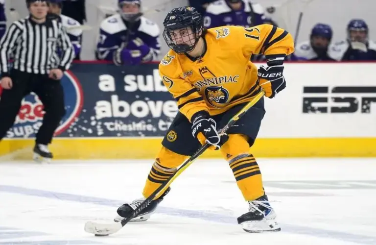 Ethan Wyttenbach Skating At Hockey Game Quinnipac University