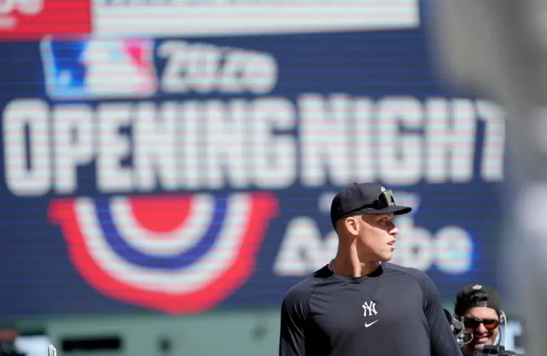 Mar 25, 2026; San Francisco, California, USA; New York Yankees right fielder Aaron Judge (99) stands on the field before the start of the game against the San Francisco Giants at Oracle Park.