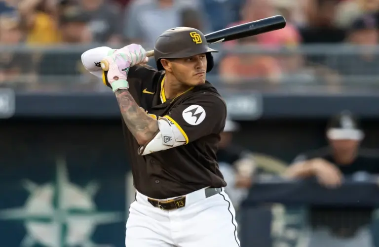 Mar 19, 2026; Peoria, Arizona, USA; San Diego Padres third baseman Manny Machado against the Chicago White Sox during a spring training game at Peoria Sports Complex.