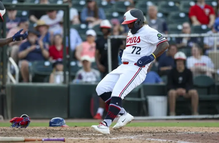 Mar 4, 2026; Fort Myers, Florida, USA; Minnesota Twins right fielder Gabriel Gonzalez (72) scores a run on a wild pitch against against the Puerto Rico in the seventh inning during spring training at Lee Health Sports Complex/Hammond Stadium.