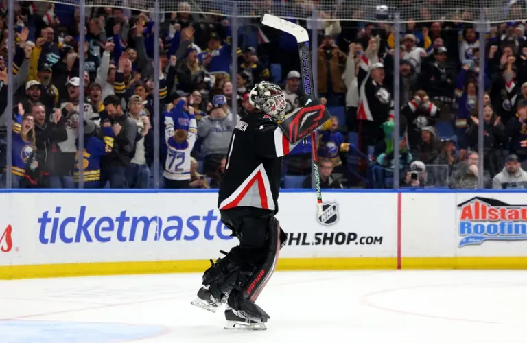 Mar 28, 2026; Buffalo, New York, USA; Buffalo Sabres goaltender Ukko-Pekka Luukkonen (1) reacts after winning the game in a shootout against the Seattle Kraken at KeyBank Center.