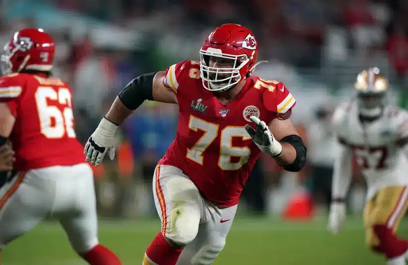 Laurent Duvernay-Tardif runs on the field against the San Francisco 49ers in Super Bowl LIV at Hard Rock Stadium.