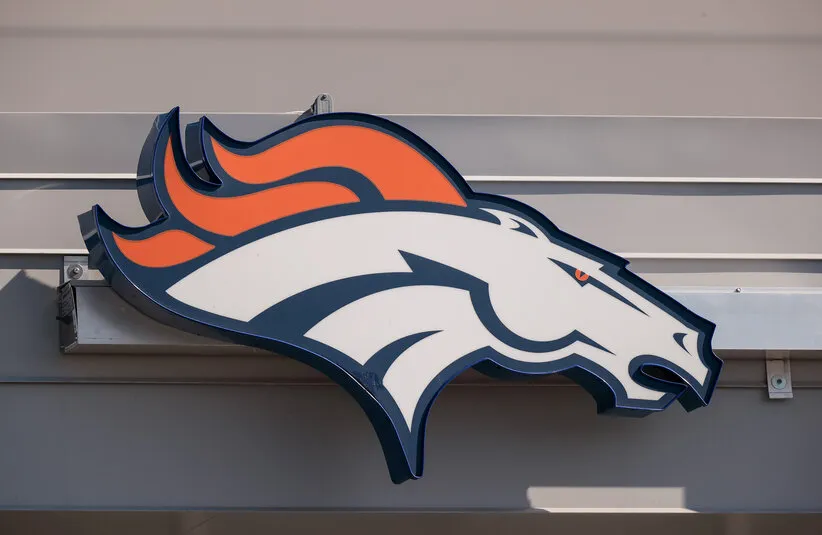 A general view of the Denver Broncos logo outside of UCHealth Training Center where practice was cancelled after a morning team meeting.