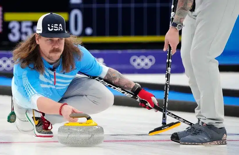 Matt Hamilton in the men s curling bronze medal game during the Beijing 2022 Olympic Winter Games at National Aquatics Center.