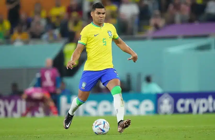 Casemiro preparing pass with the ball he will play for team Brazil in the World Cup in 2026.
