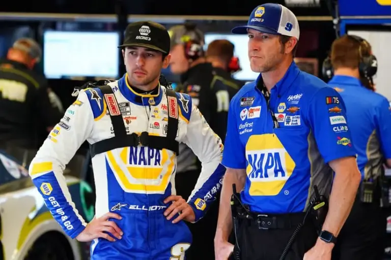 Feb 17, 2023; Daytona Beach, Florida, USA; NASCAR Cup Series driver Chase Elliott (9) talks with his crew chief Alan Gustafson as they work to ready his car before practice for the Daytona 500 at Daytona International Speedway.