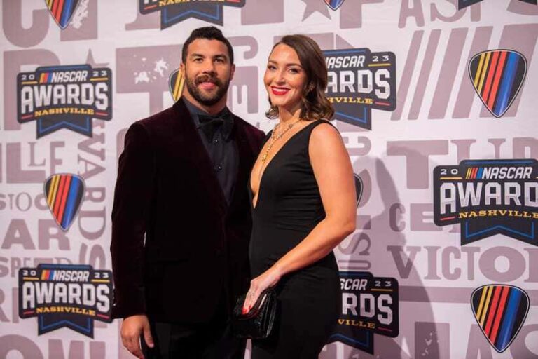 Bubba Wallace and his wife Amanda Wallace poses on the red carpet for the 2023 NASCAR Awards Banquet at the Music City Center in Nashville, Tenn., Thursday, Nov. 30, 2023.
