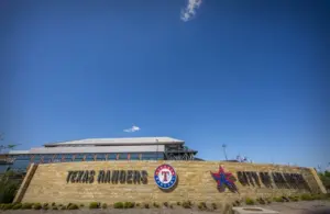 A view of the Texas Rangers logo and the City of Arlington logo