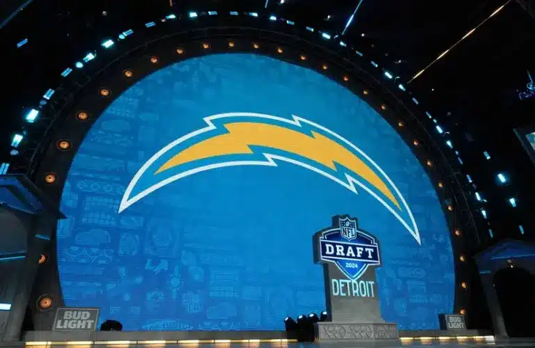 A Los Angeles Chargers logo at the 2024 NFL Draft.