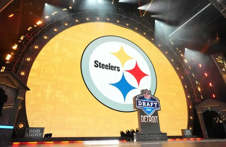 A Pittsburgh Steelers logo during the 2024 NFL Draft