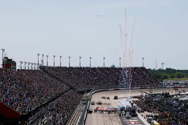 May 12, 2024; Darlington, South Carolina, USA; The Bandit Flight Team fly over the track during the national anthem before the Goodyear 400 at Darlington Raceway.