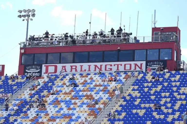 Apr 5, 2025; Darlington, South Carolina, USA; Press box signage at Darlington Raceway.