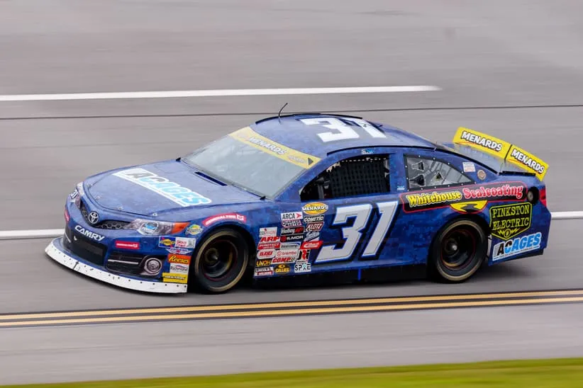 Apr 26, 2025; Talladega, Alabama, USA; ARCA Series driver Tim Goulet (31) comes out of turn four during the General Tire 200 at Talladega Superspeedway.