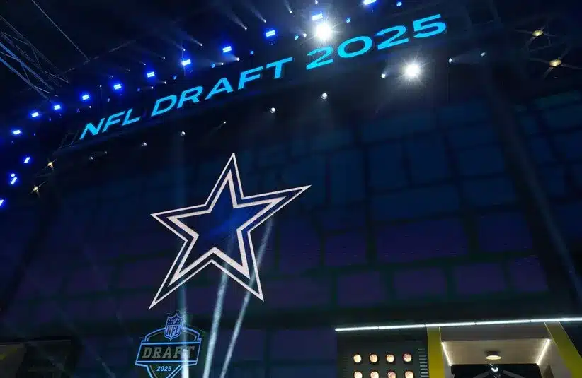 The Dallas Cowboys logo on the video board during the 2025 NFL Draft